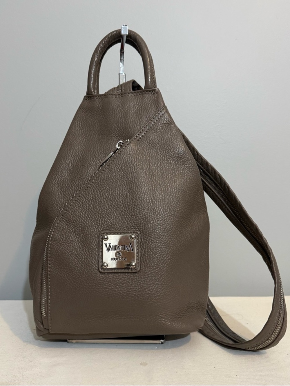 Valentina Taupe Pebbled Leather Sling Bag Convertible Backpack Purse